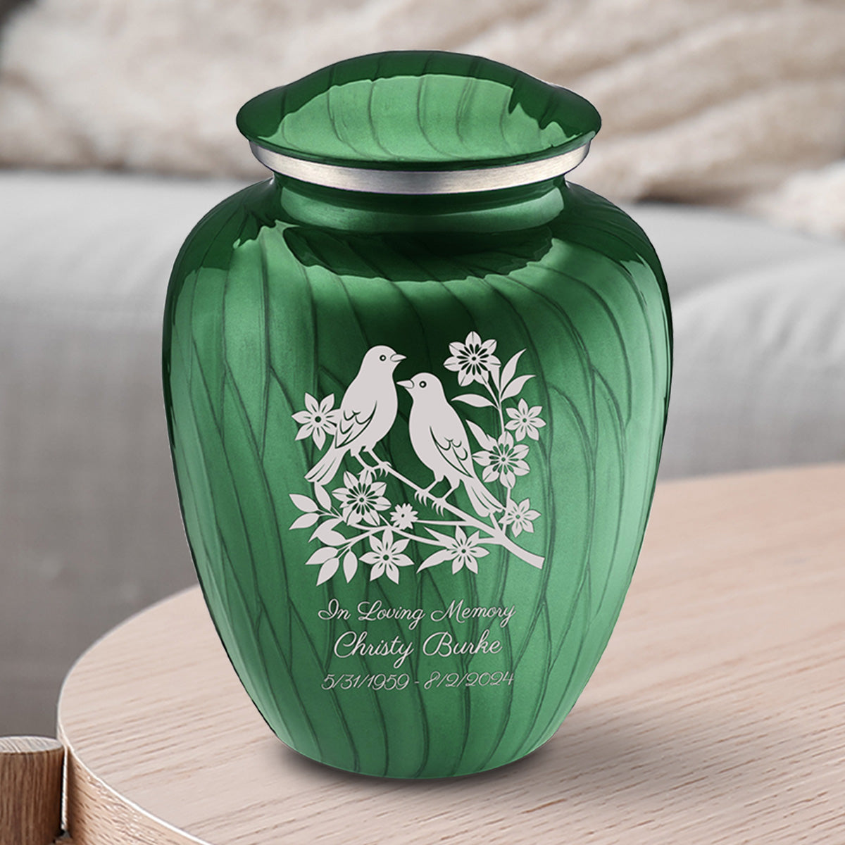 Medium Embrace Pearl Green Songbirds Cremation Urn