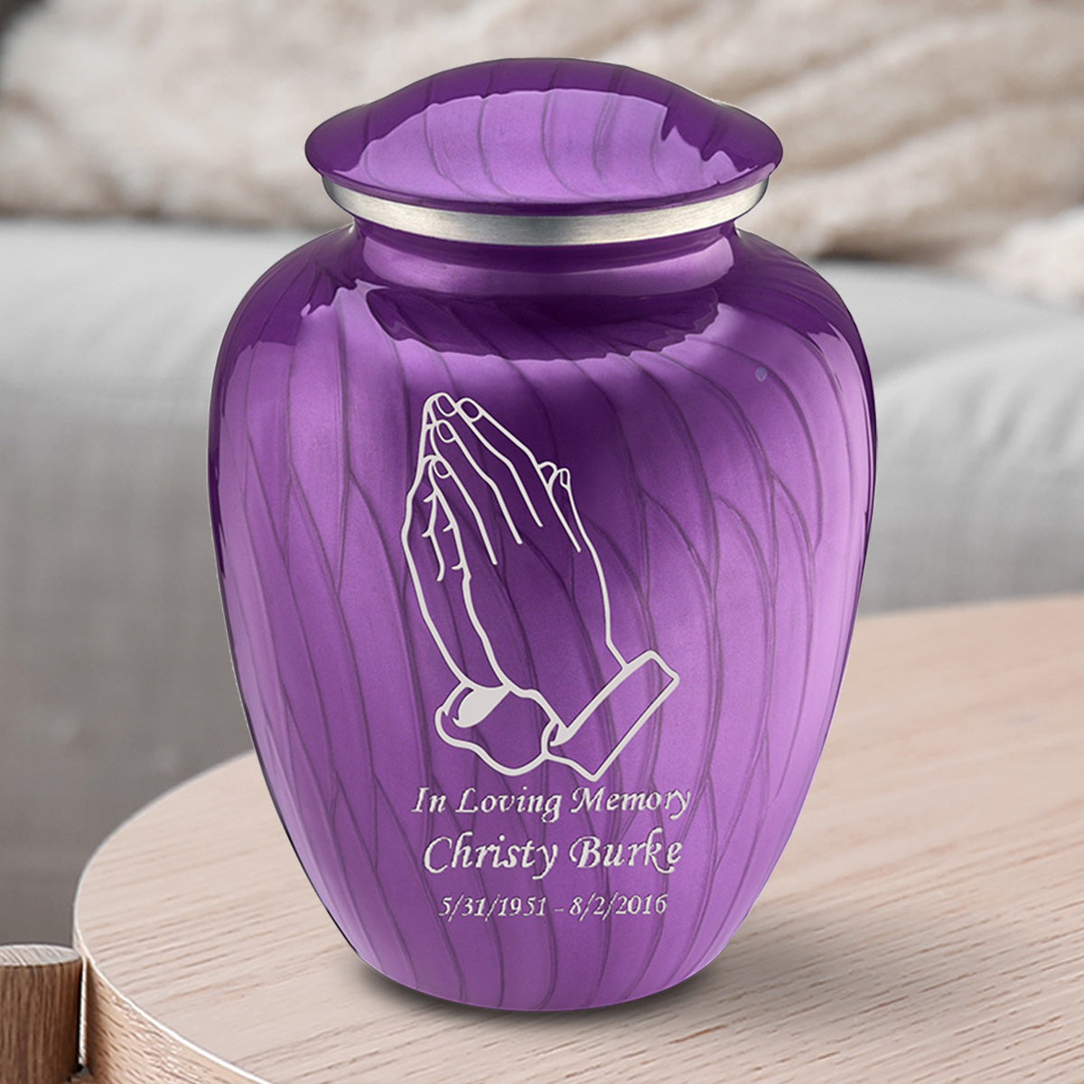 Medium Embrace Pearl Purple Praying Hands Cremation Urn