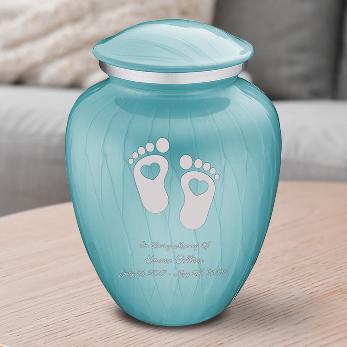 Medium Embrace Pearl Light Blue Loving Heart Feet Cremation Urn