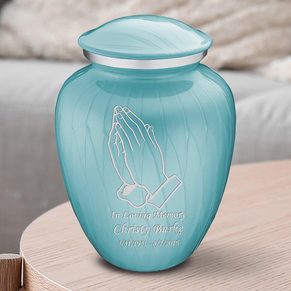 Medium Embrace Pearl Light Blue Praying Hands Cremation Urn