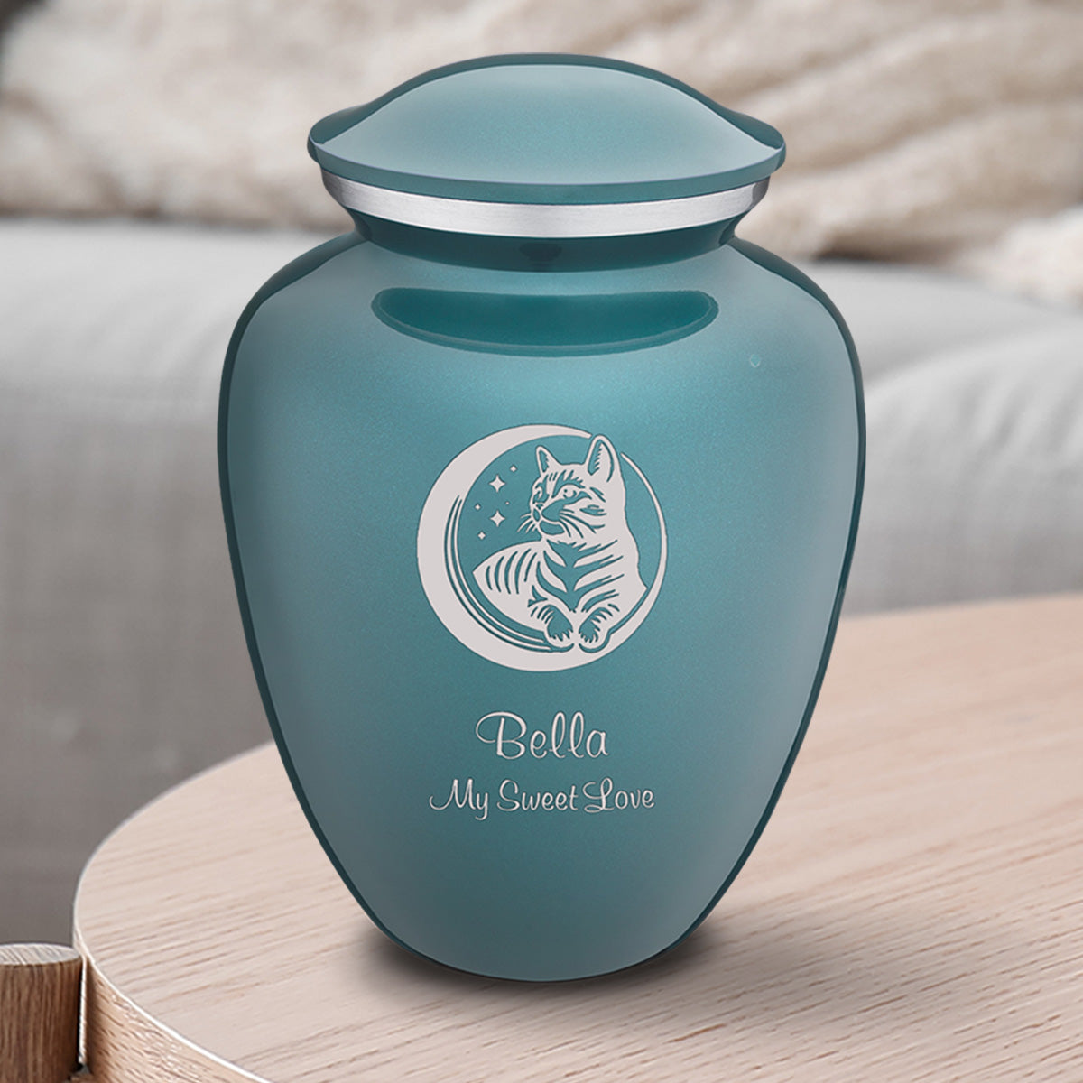 Medium Embrace Teal Pet Cute Cat Cremation Urn