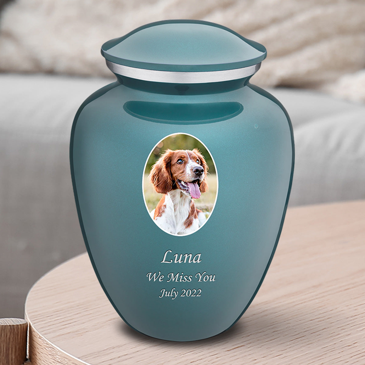 Medium Pet Embrace Teal Portrait Cremation Urn