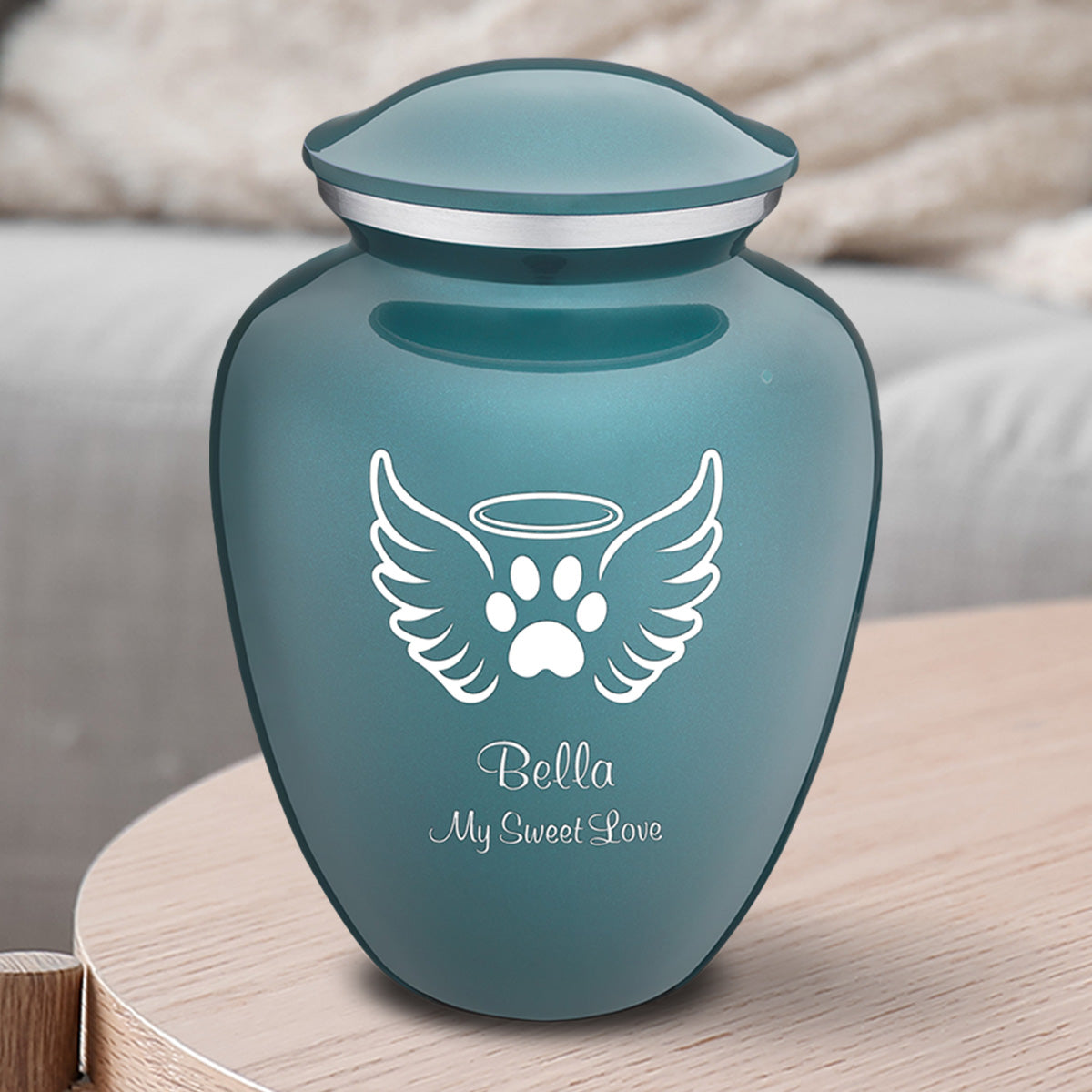 Medium Embrace Teal Pet Angel Wings Cremation Urn