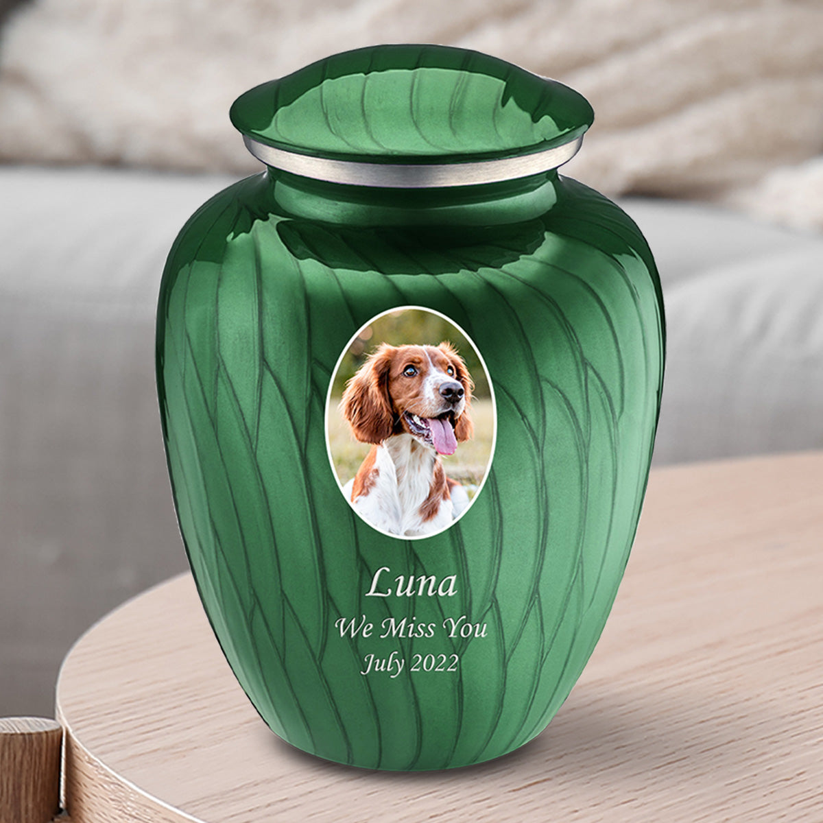 Medium Pet Embrace Pearl Green Portrait Cremation Urn