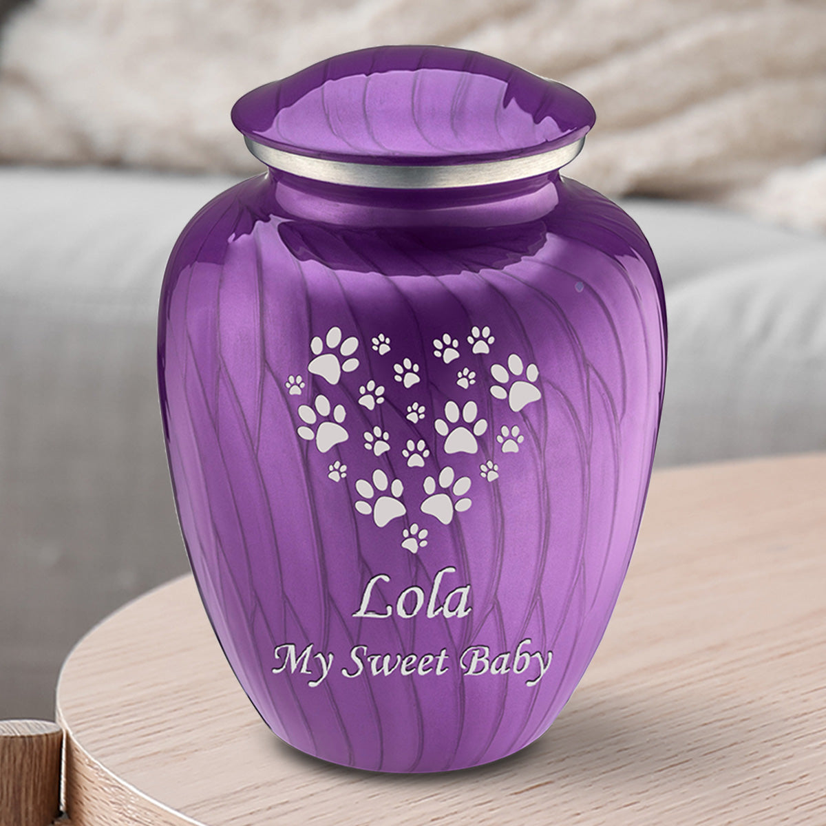 Medium Embrace Pearl Purple Heart Paws Pet Cremation Urn