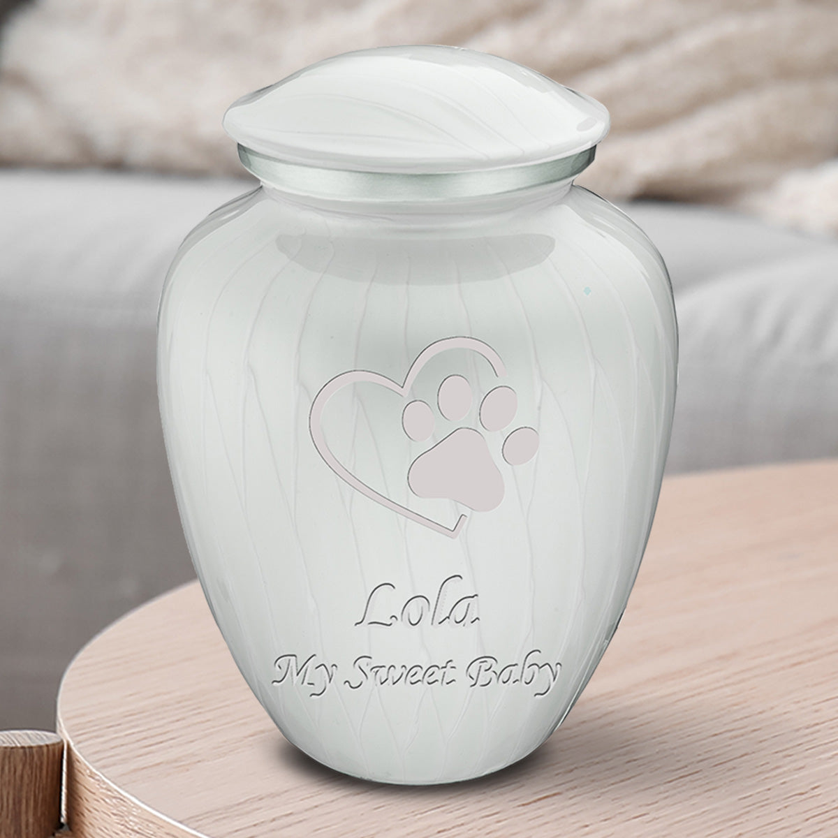 Medium Embrace Pearl White Single Paw Heart Pet Cremation Urn