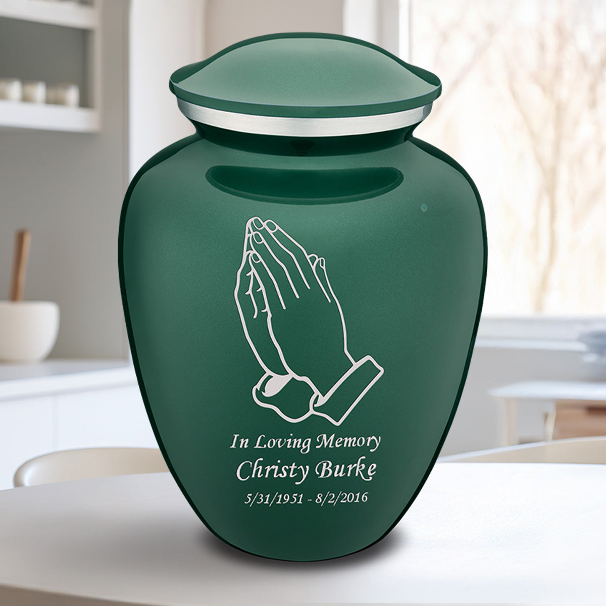 Adult Embrace Green Praying Hands Cremation Urn