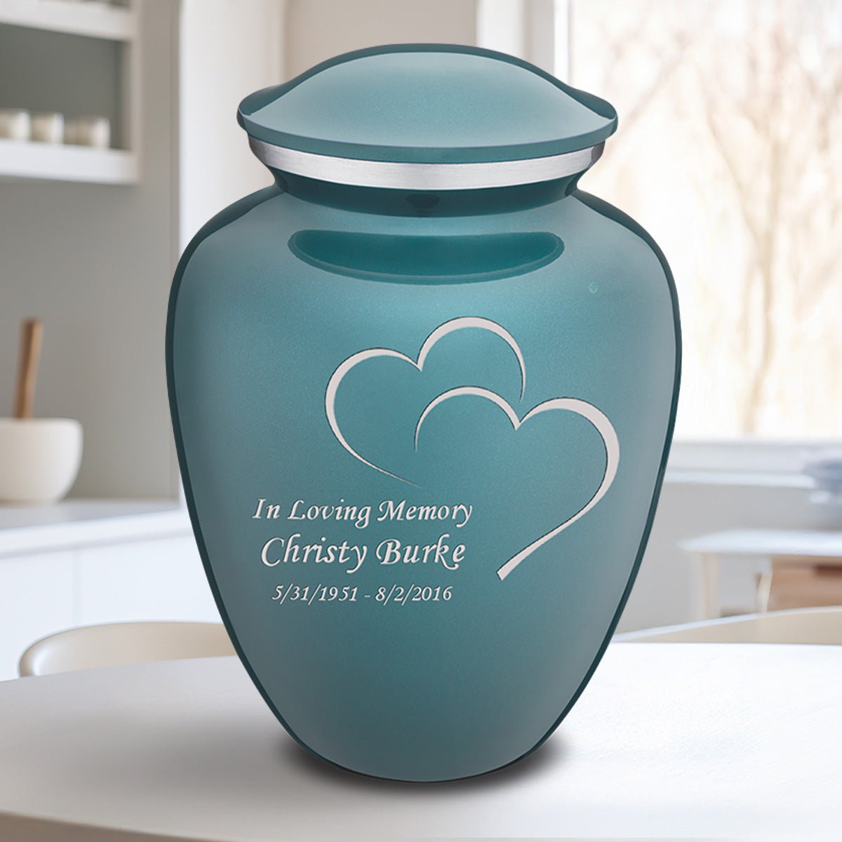 Adult Embrace Teal Hearts Cremation Urn