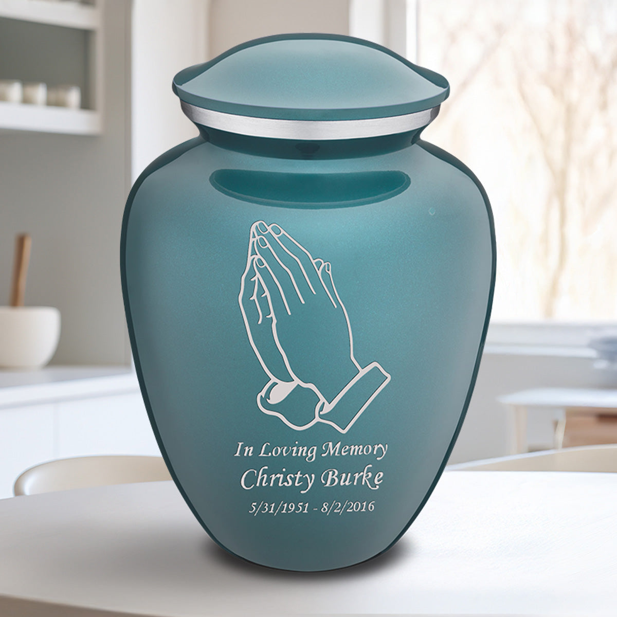 Adult Embrace Teal Praying Hands Cremation Urn