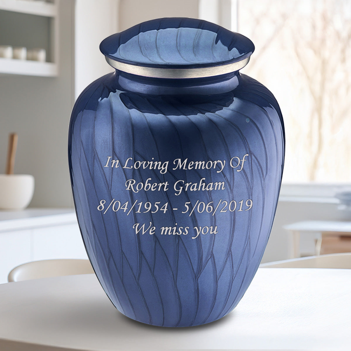 Adult Embrace Pearl Cobalt Blue Custom Engraved Cremation Urn