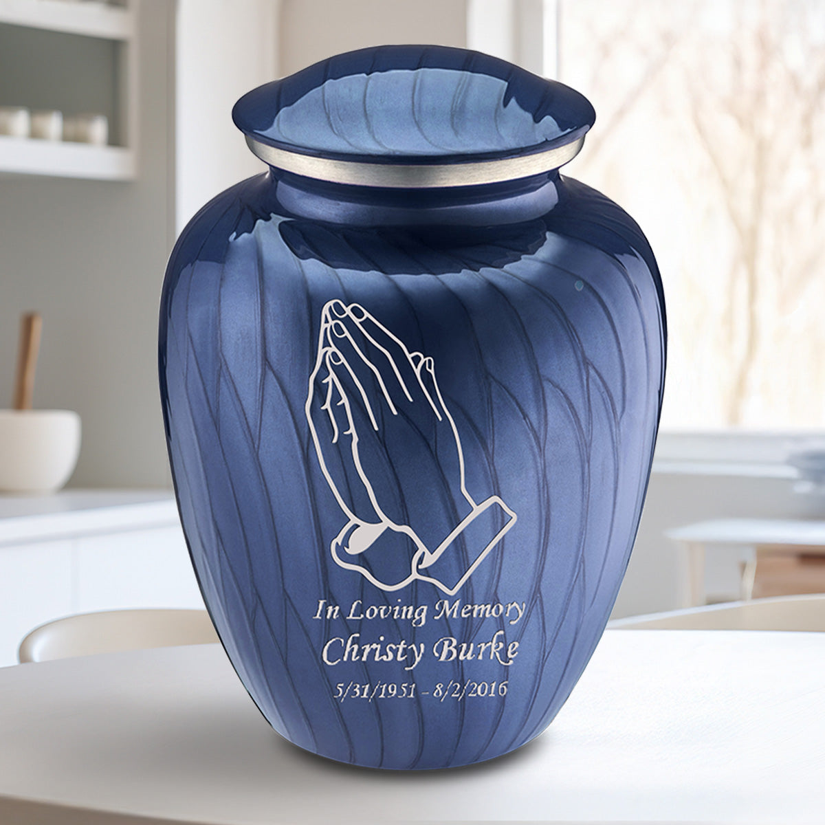 Adult Embrace Pearl Cobalt Blue Praying Hands Cremation Urn