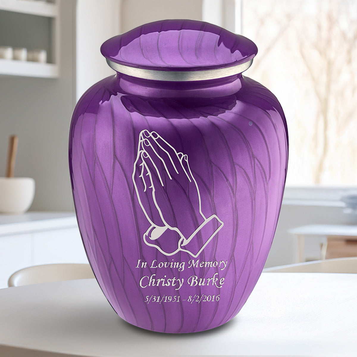 Adult Embrace Pearl Purple Praying Hands Cremation Urn