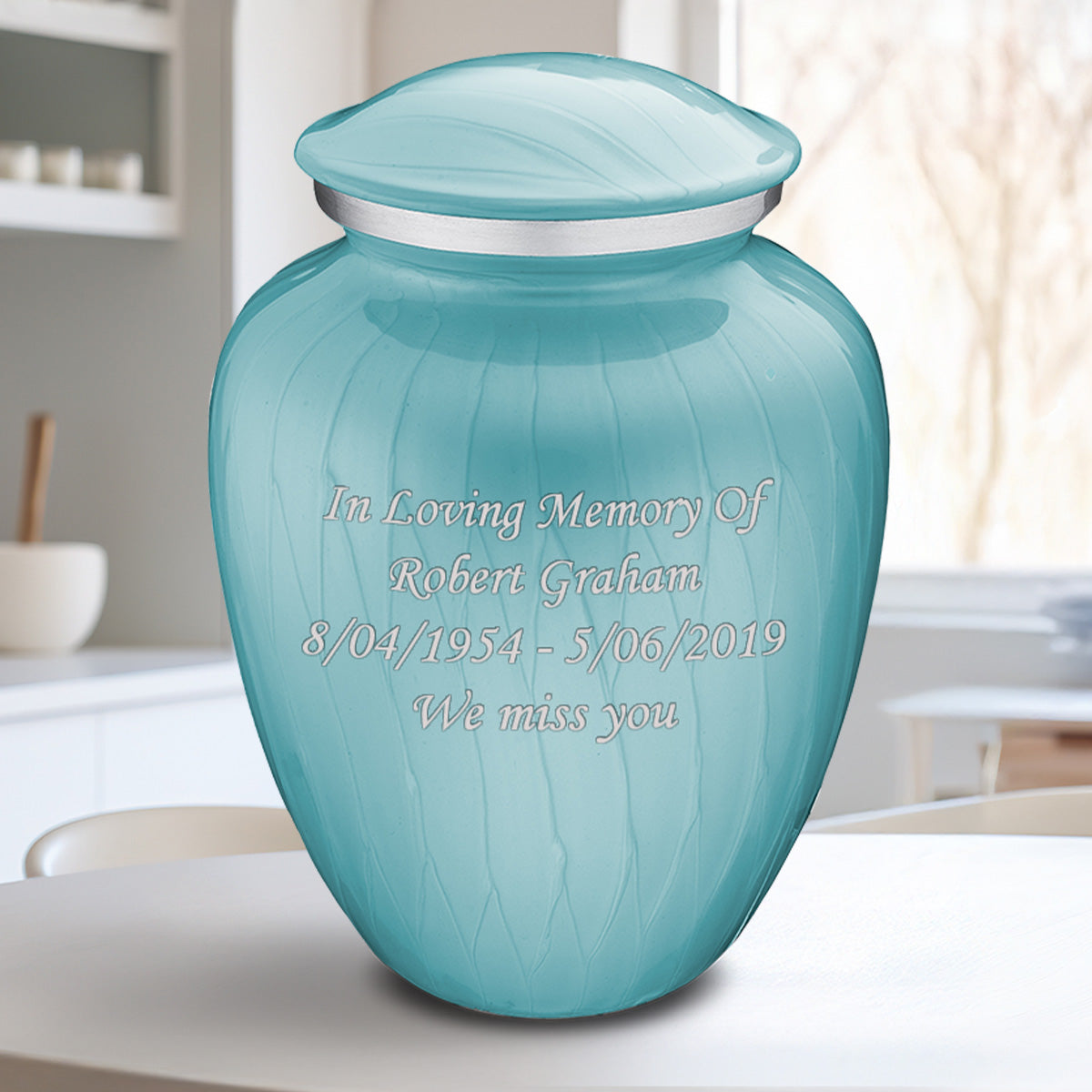 Adult Embrace Pearl Light Blue Custom Engraved Cremation Urn