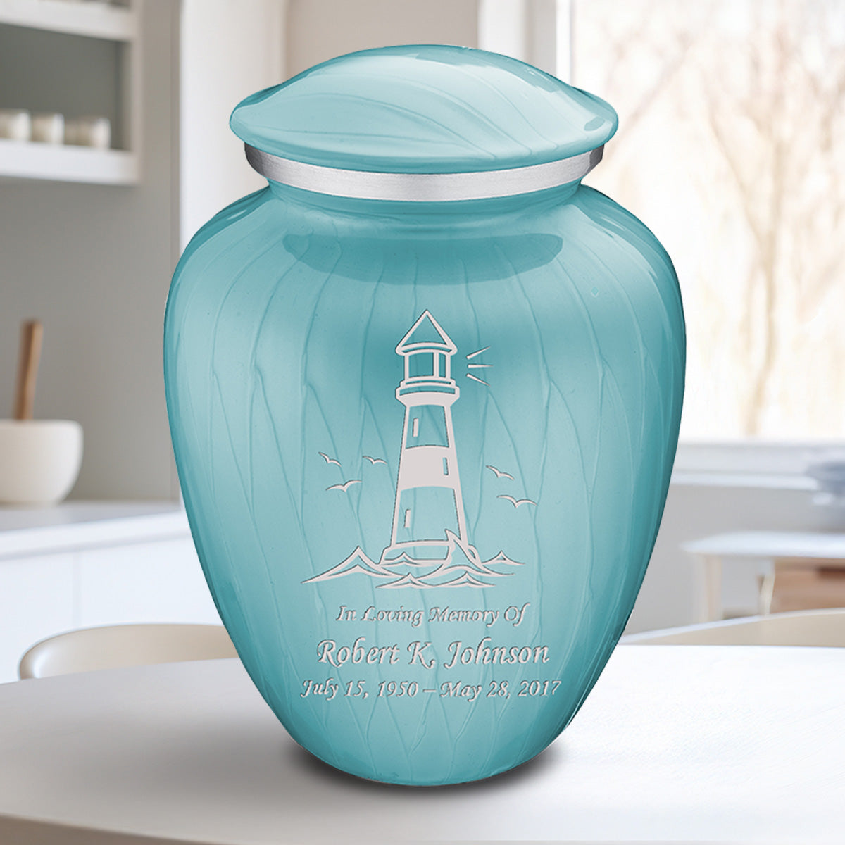 Adult Embrace Pearl Light Blue Lighthouse Cremation Urn