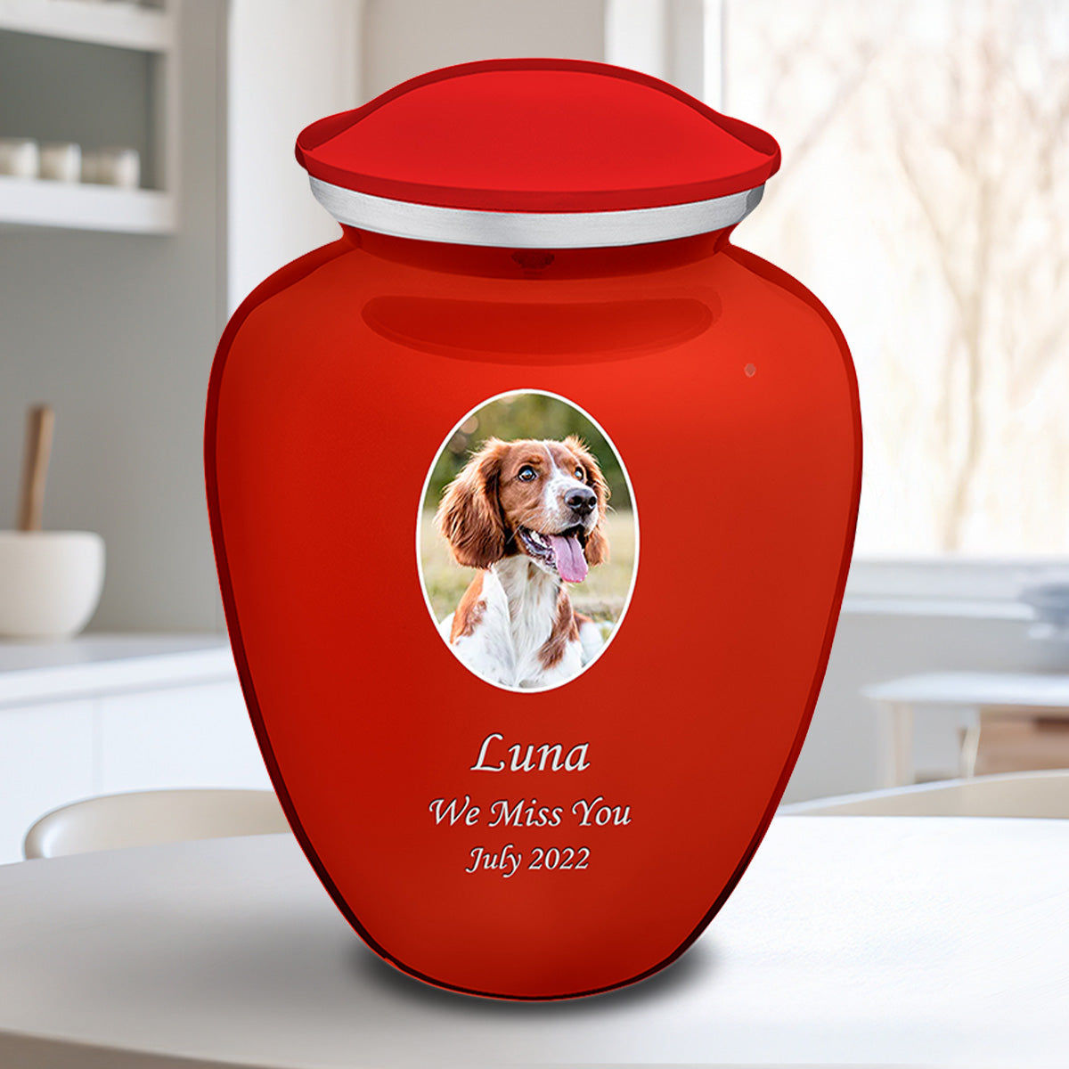 Adult Pet Embrace Bright Red Portrait Cremation Urn