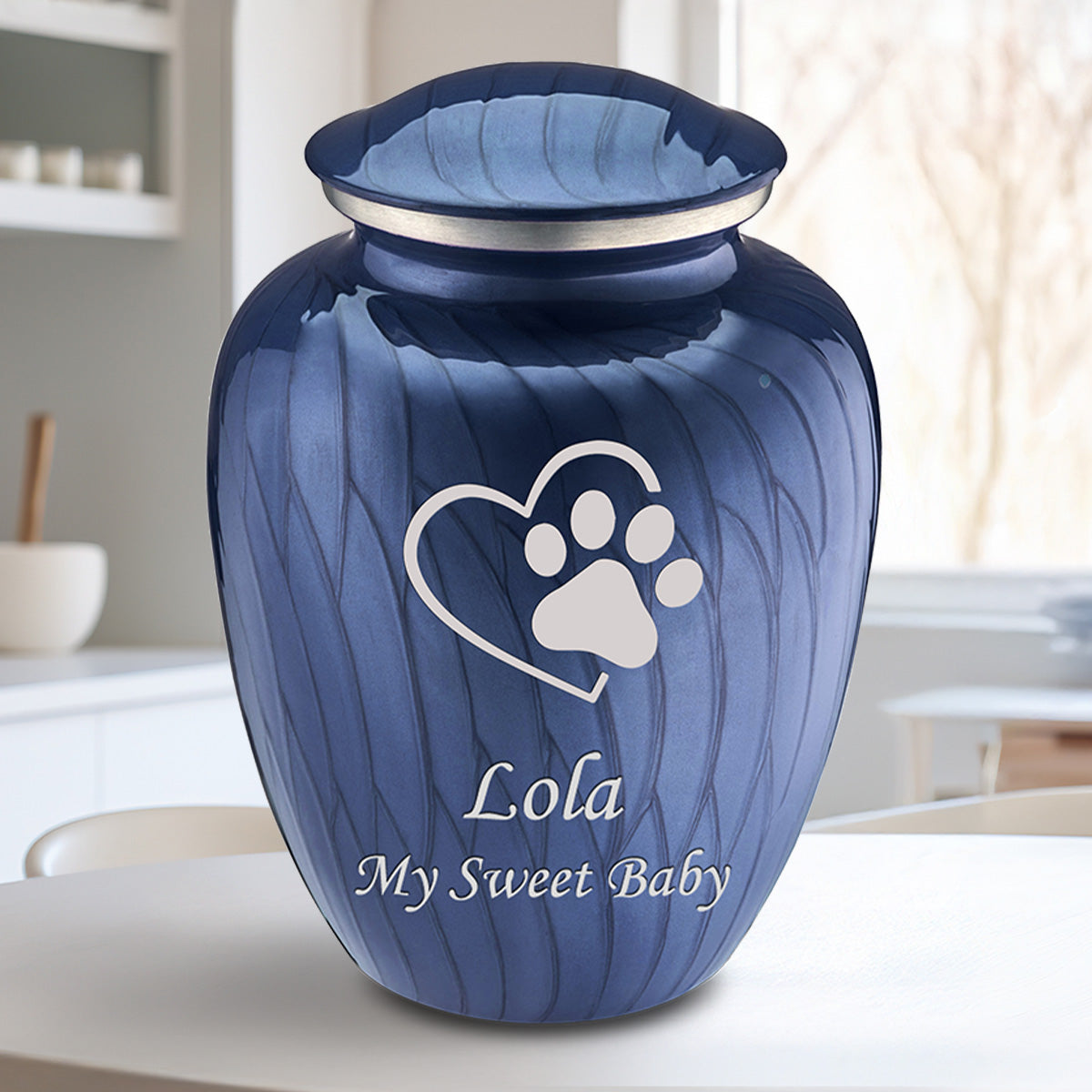 Large Embrace Pearl Cobalt Blue Single Paw Heart Pet Cremation Urn