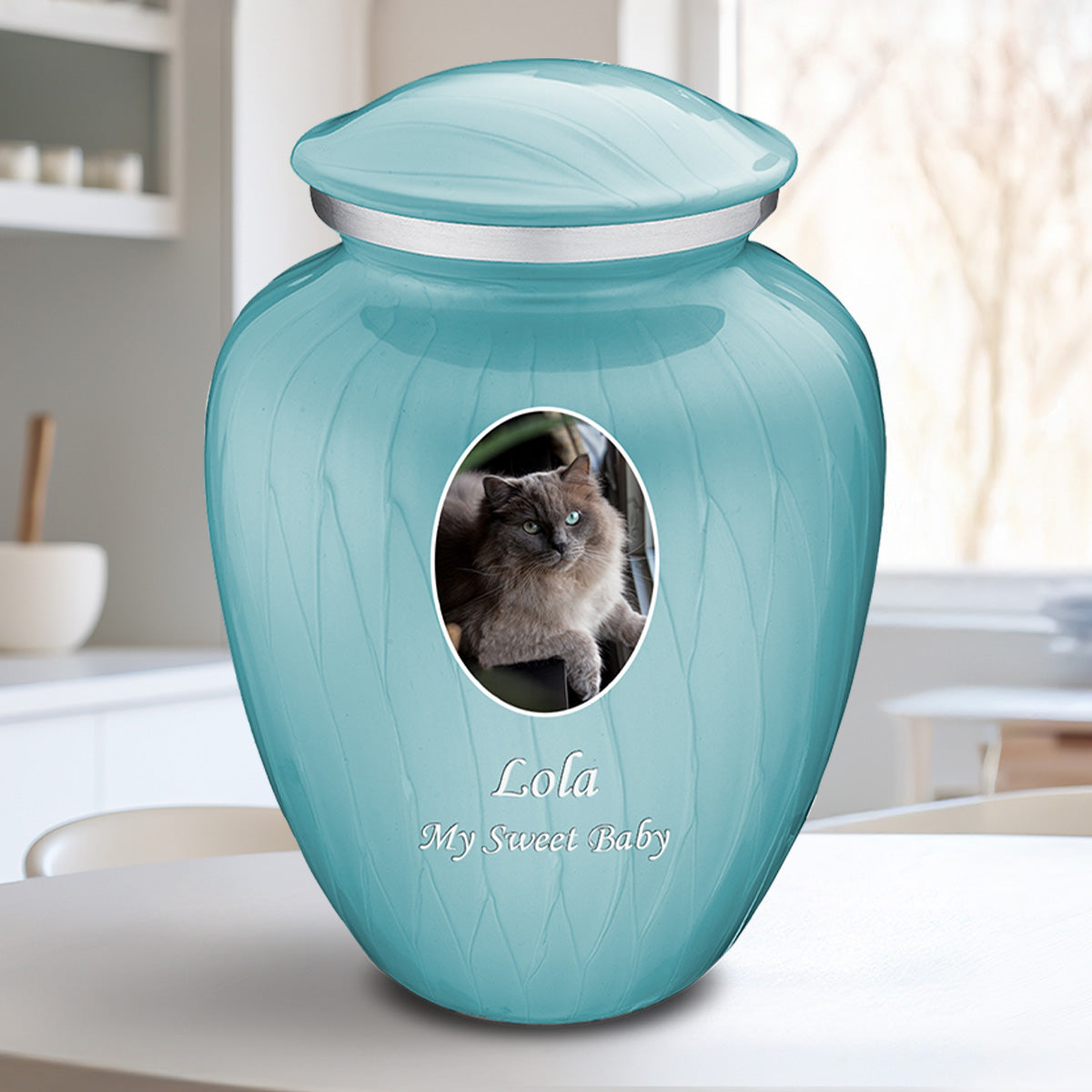 Adult Pet Embrace Pearl Light Blue Portrait Cremation Urn