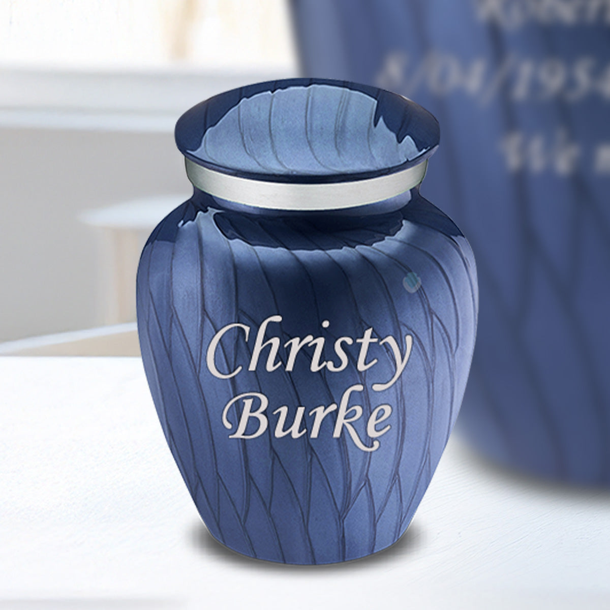 Keepsake Embrace Pearl Cobalt Blue Custom Engraved Cremation Urn