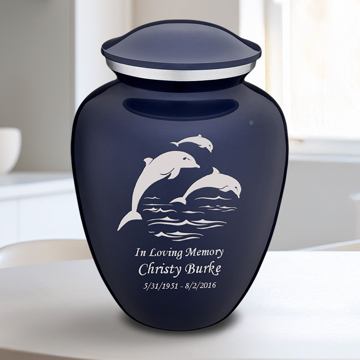 Medium Embrace Cobalt Blue Dolphins Cremation Urn