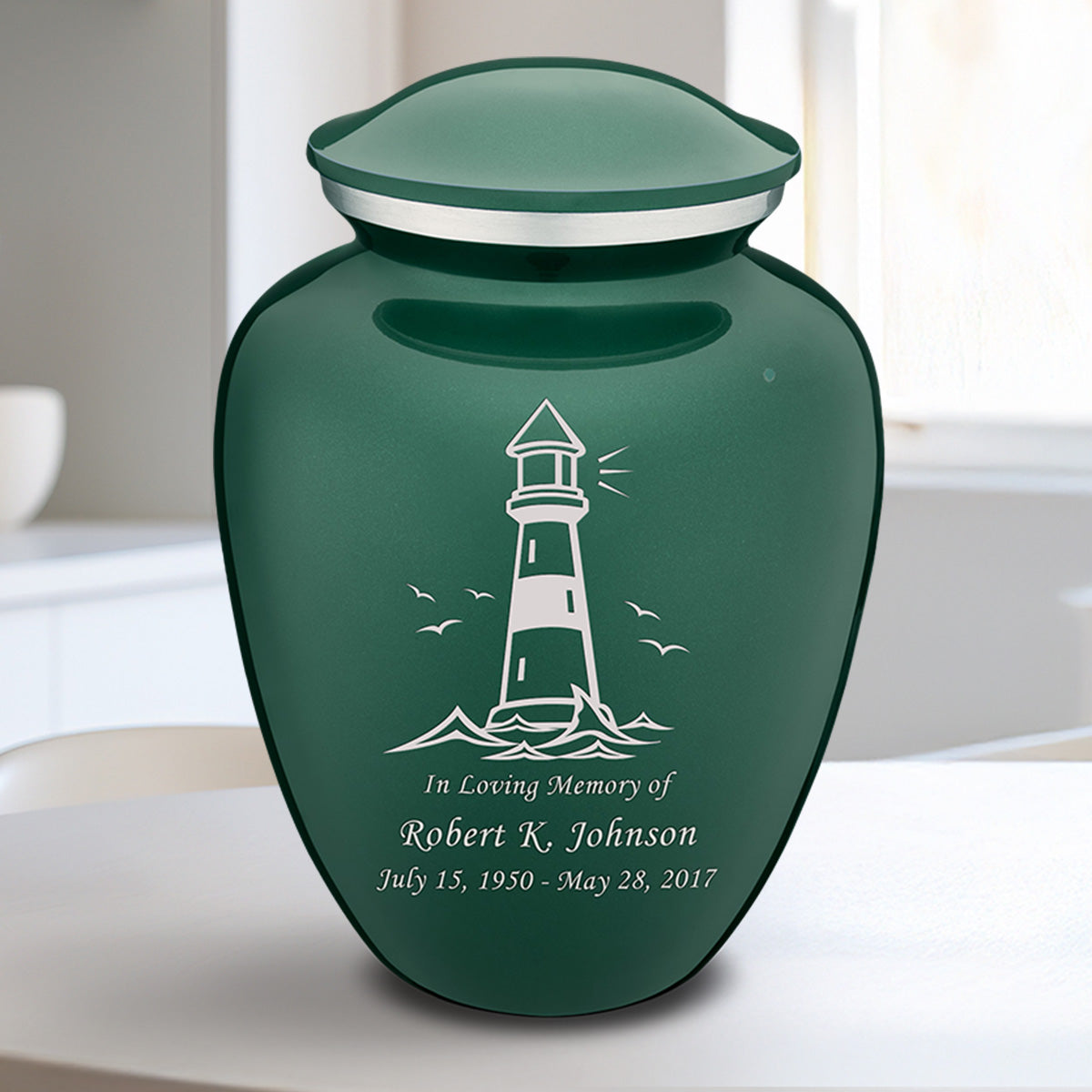Medium Embrace Green Lighthouse Cremation Urn