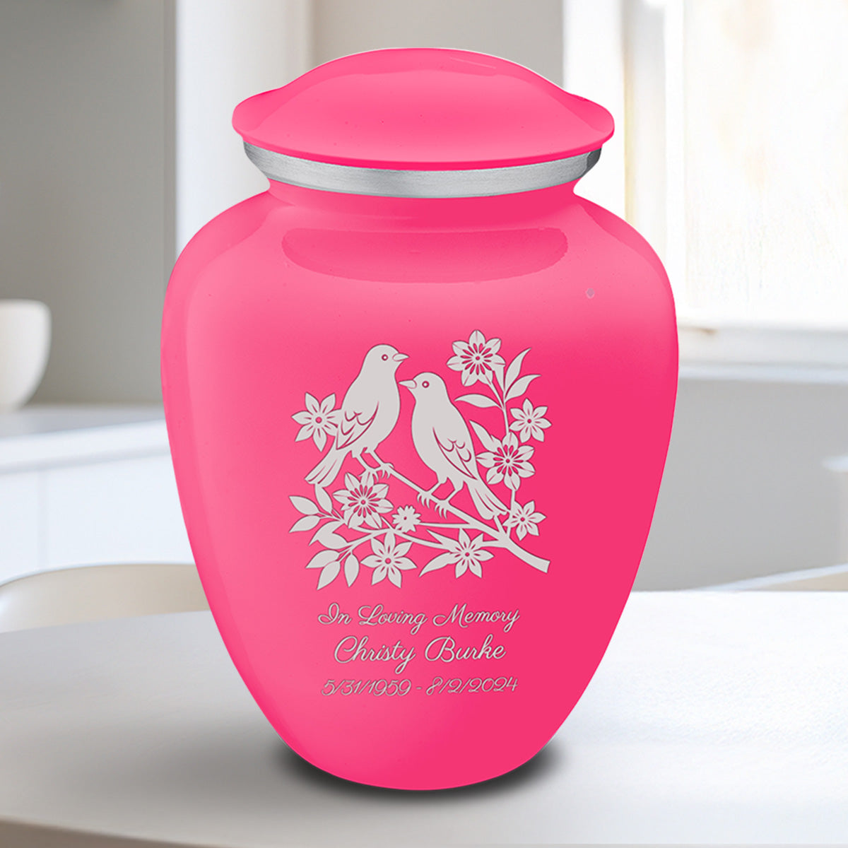 Medium Embrace Bright Pink Songbirds Cremation Urn