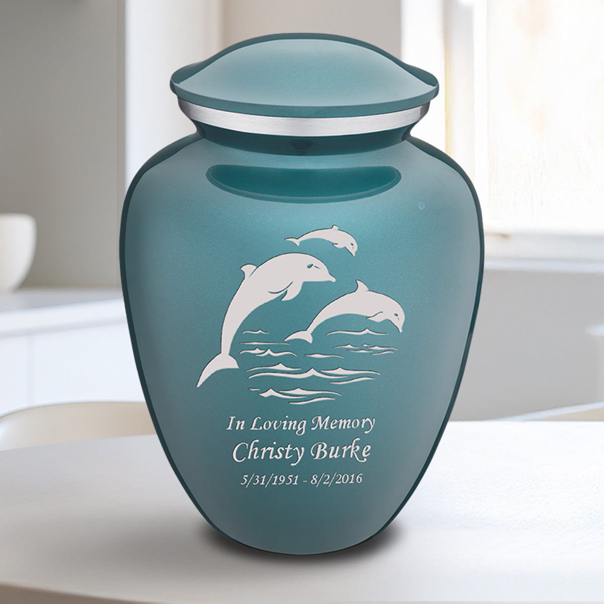 Medium Embrace Teal Dolphins Cremation Urn