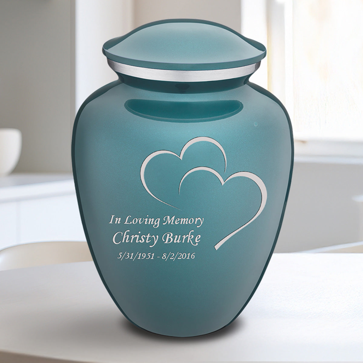 Medium Embrace Teal Hearts Cremation Urn