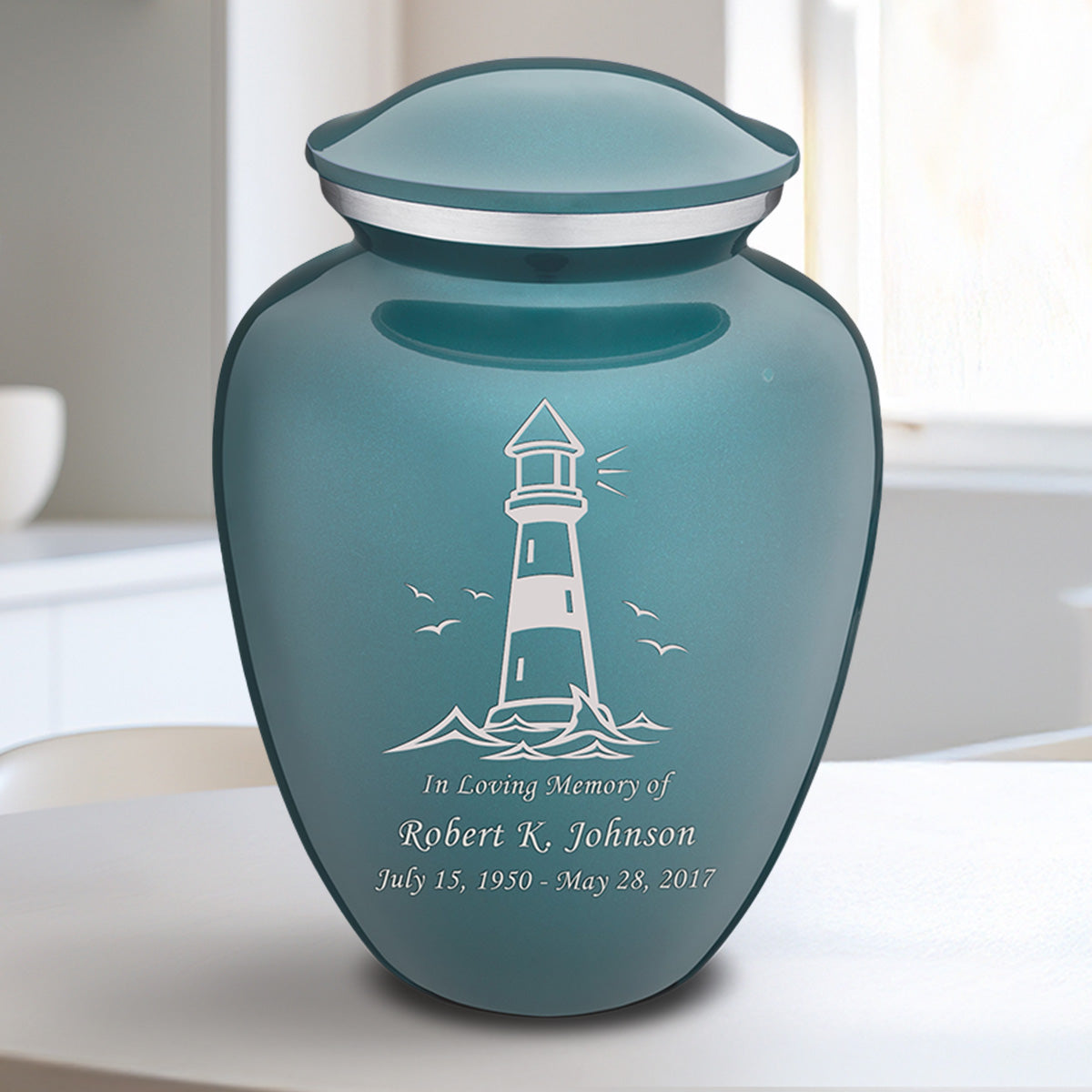 Medium Embrace Teal Lighthouse Cremation Urn