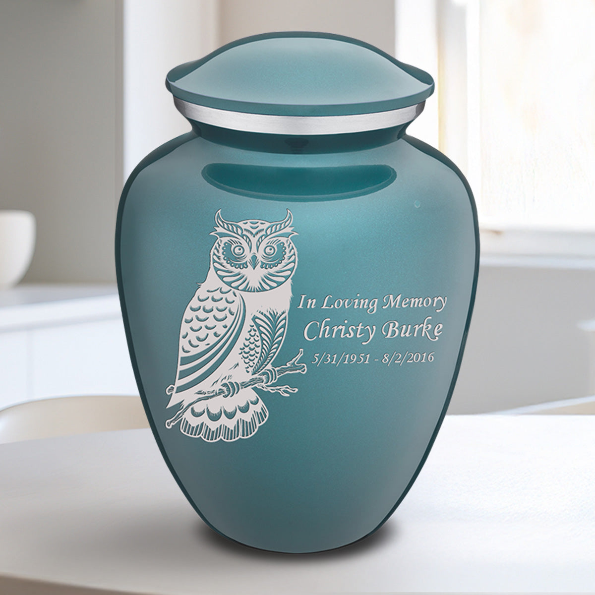 Medium Embrace Teal Owl Cremation Urn