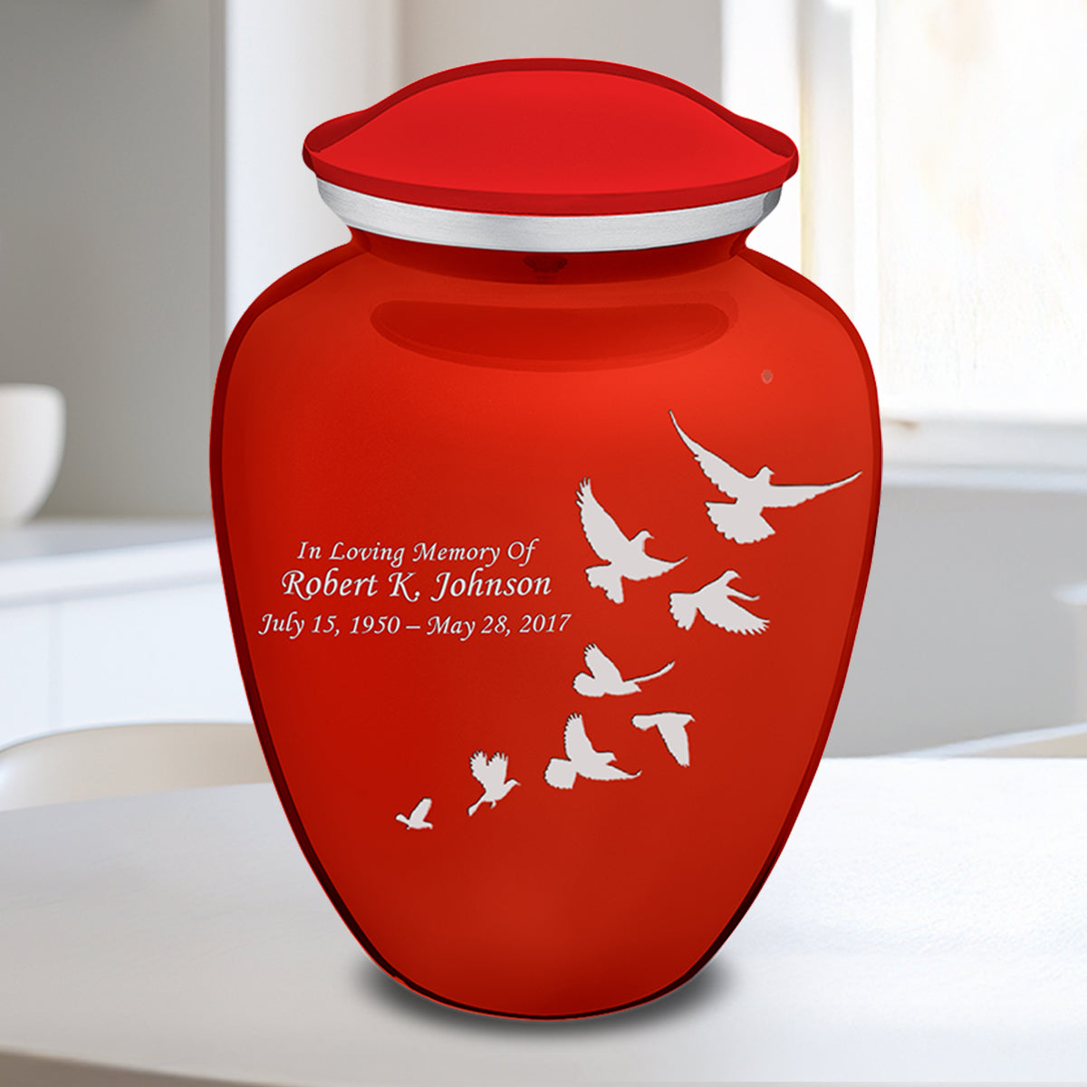 Medium Embrace Bright Red Doves Cremation Urn