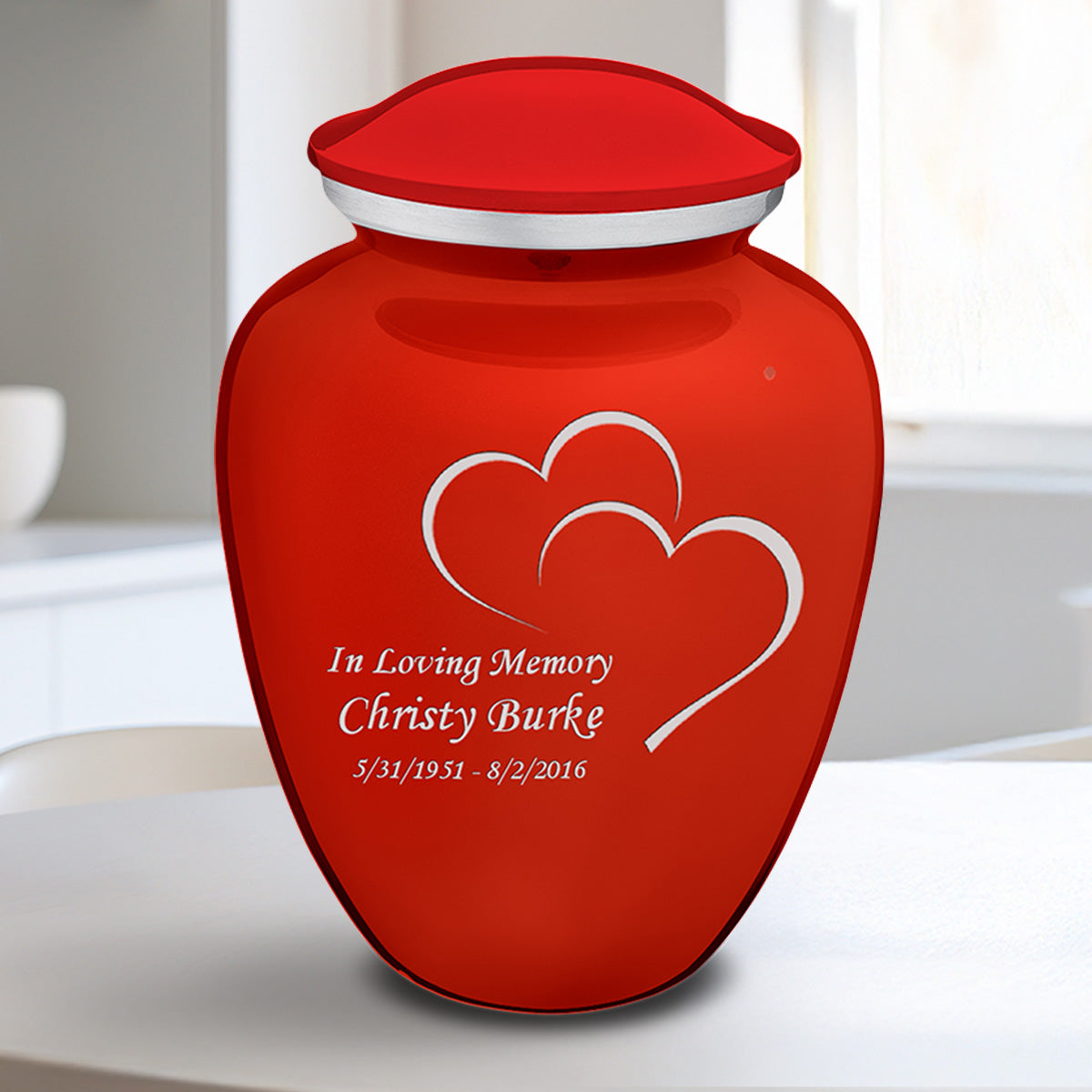 Medium Embrace Bright Red Hearts Cremation Urn