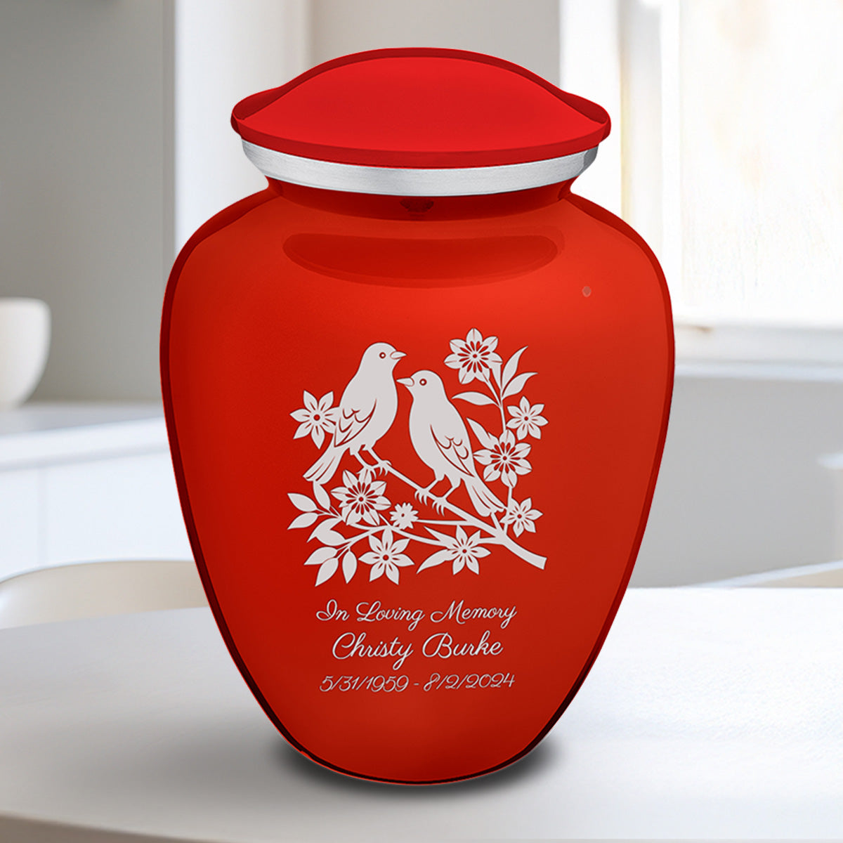 Medium Embrace Bright Red Songbirds Cremation Urn