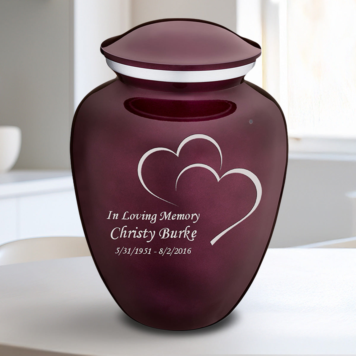 Medium Cherry Purple Embrace Hearts Cremation Urn