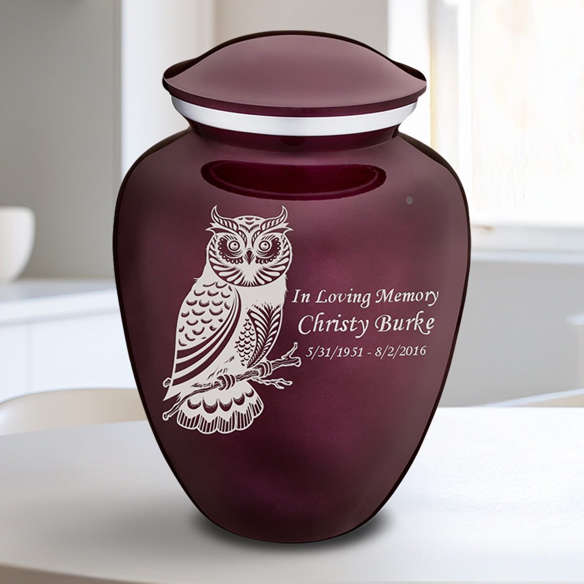 Medium Embrace Cherry Purple Owl Cremation Urn