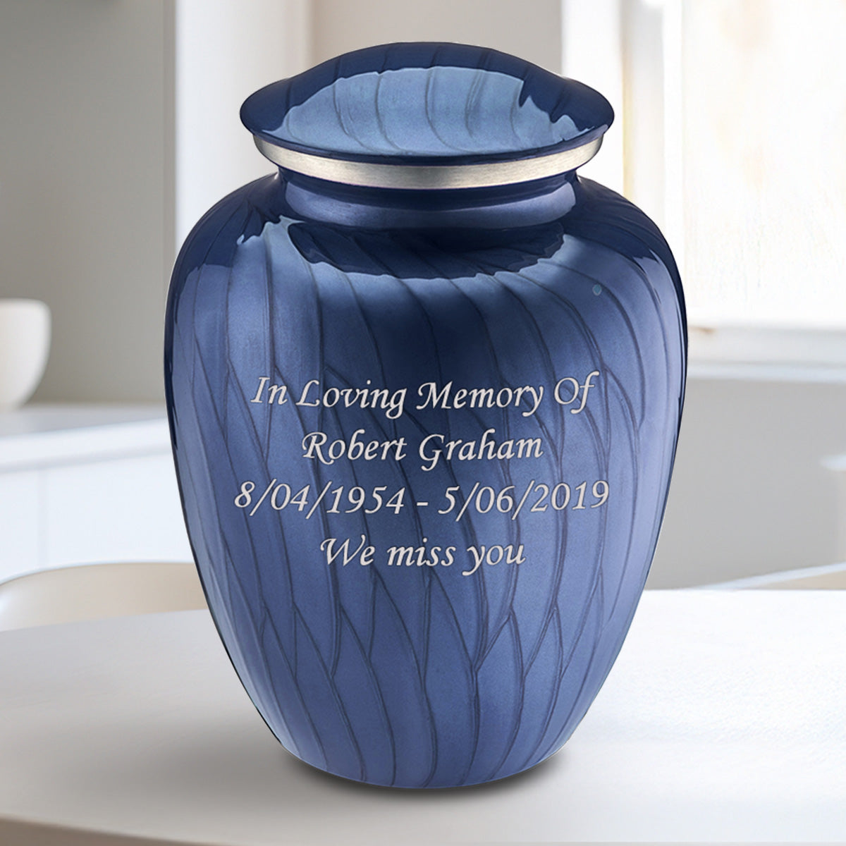 Medium Embrace Pearl Cobalt Blue Custom Engraved Cremation Urn