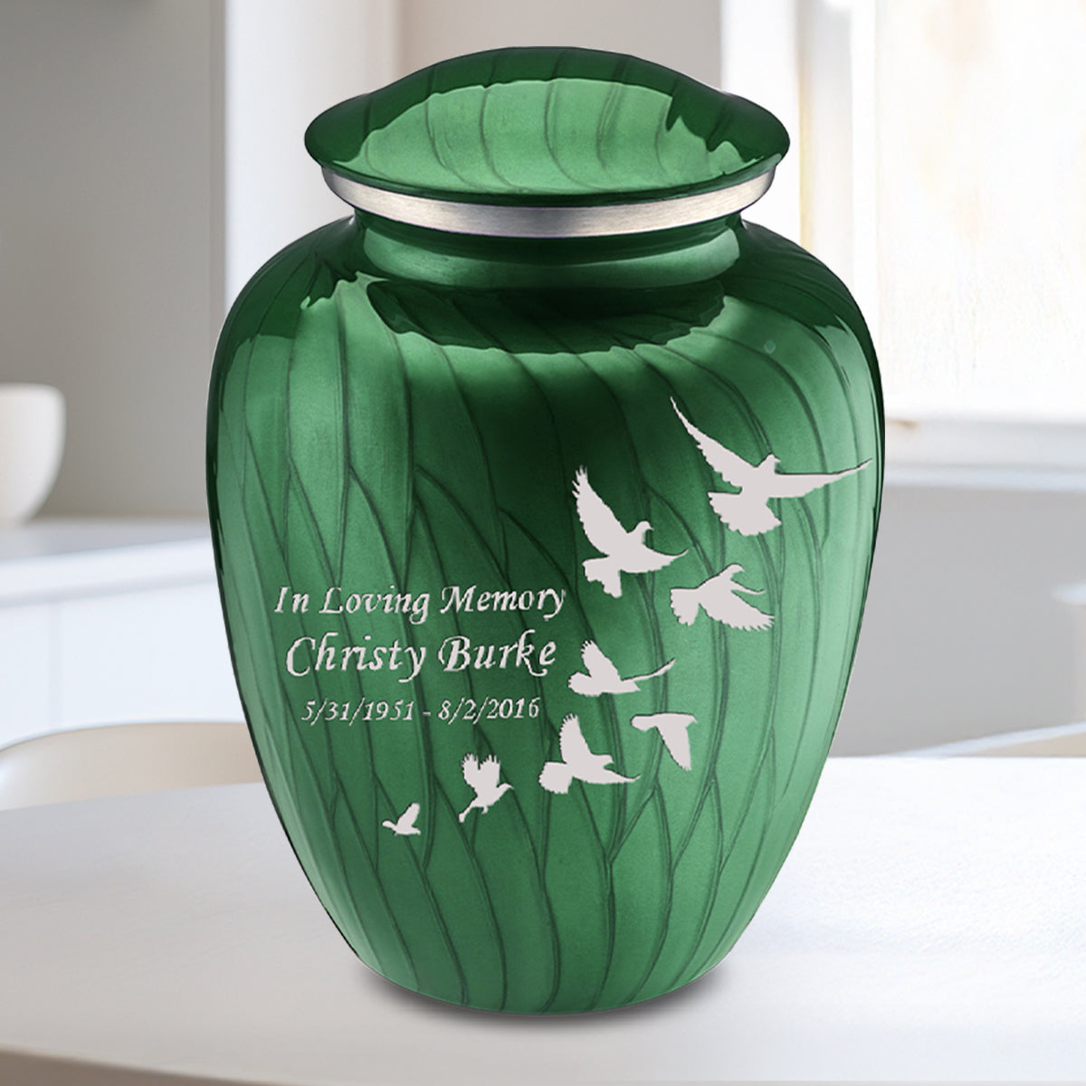 Medium Embrace Pearl Green Doves Cremation Urn