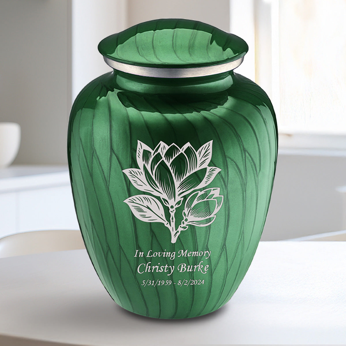 Medium Embrace Pearl Green Magnolia Flower Cremation Urn