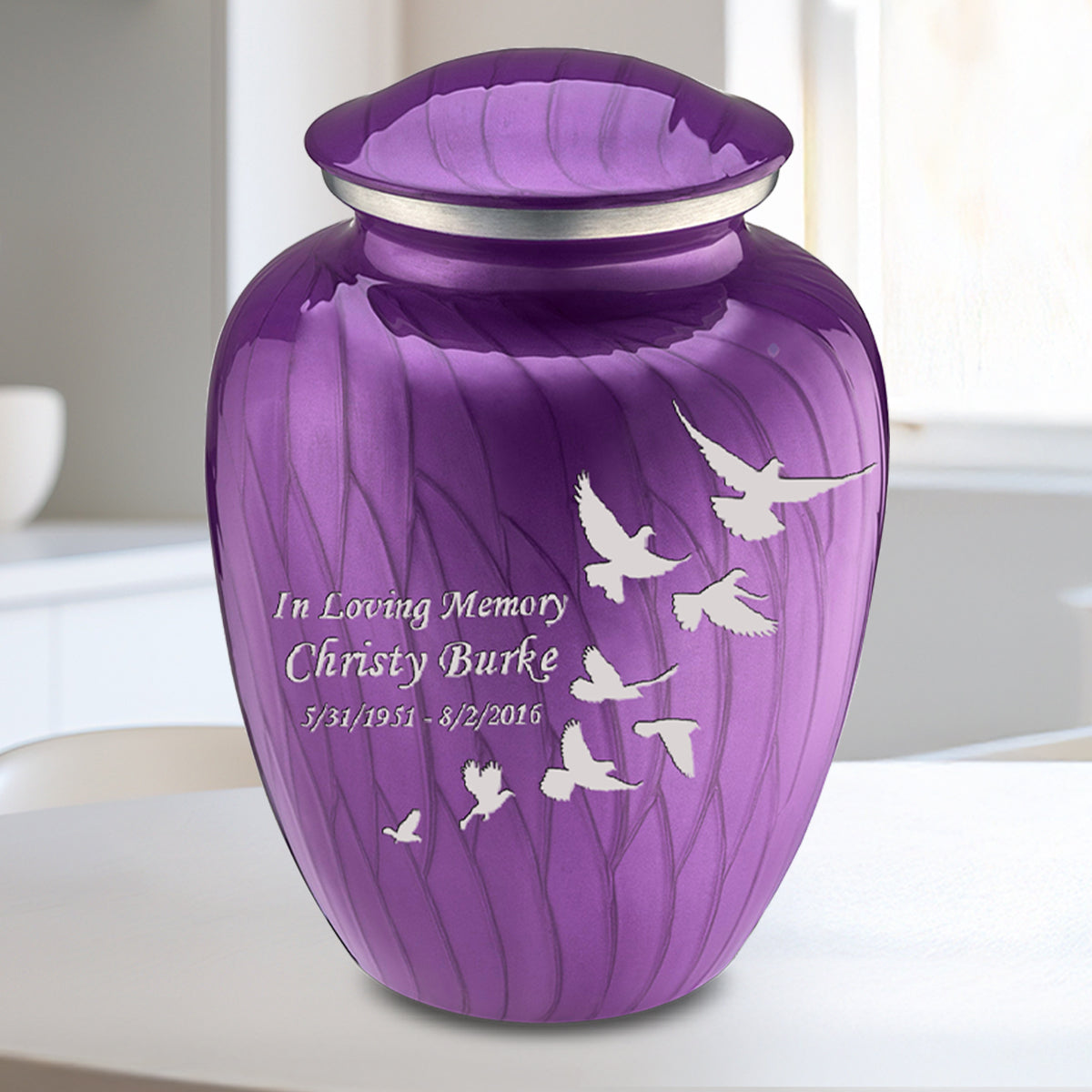 Medium Embrace Pearl Purple Doves Cremation Urn