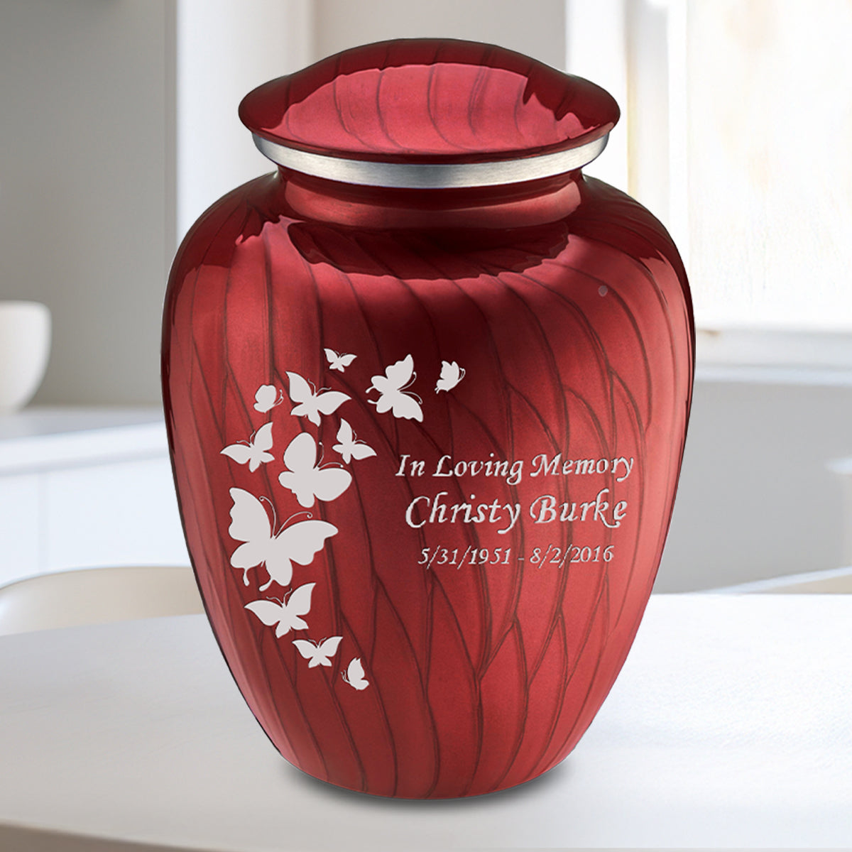 Medium Embrace Pearl Candy Red Butterfly Cremation Urn