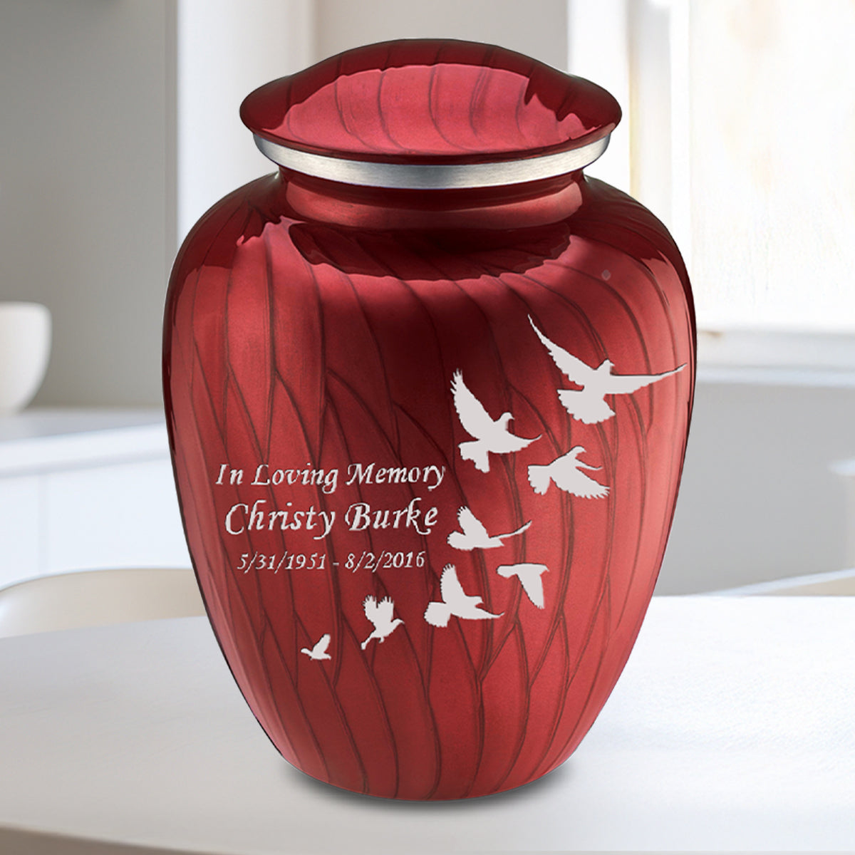 Medium Embrace Pearl Candy Red Doves Cremation Urn