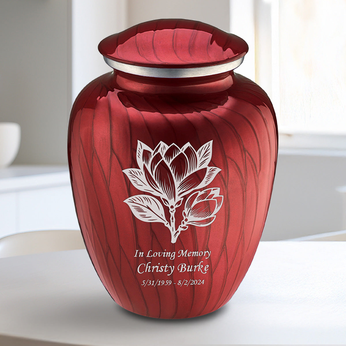 Medium Embrace Pearl Candy Red Magnolia Flower Cremation Urn