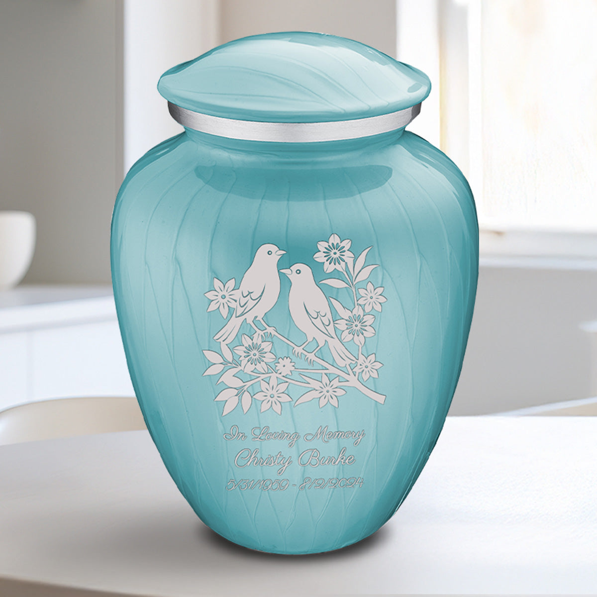Medium Embrace Pearl Light Blue Songbirds Cremation Urn