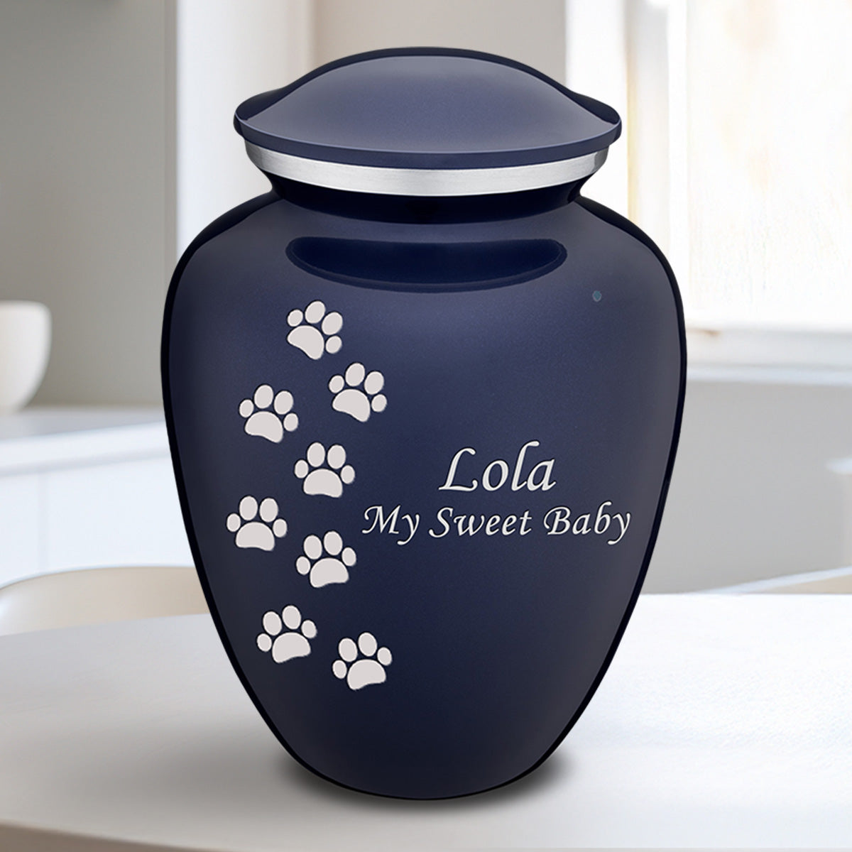 Medium Embrace Cobalt Blue Walking Paws Pet Cremation Urn