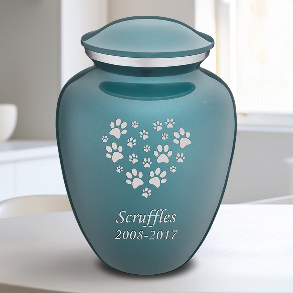 Medium Embrace Teal Heart Paws Pet Cremation Urn