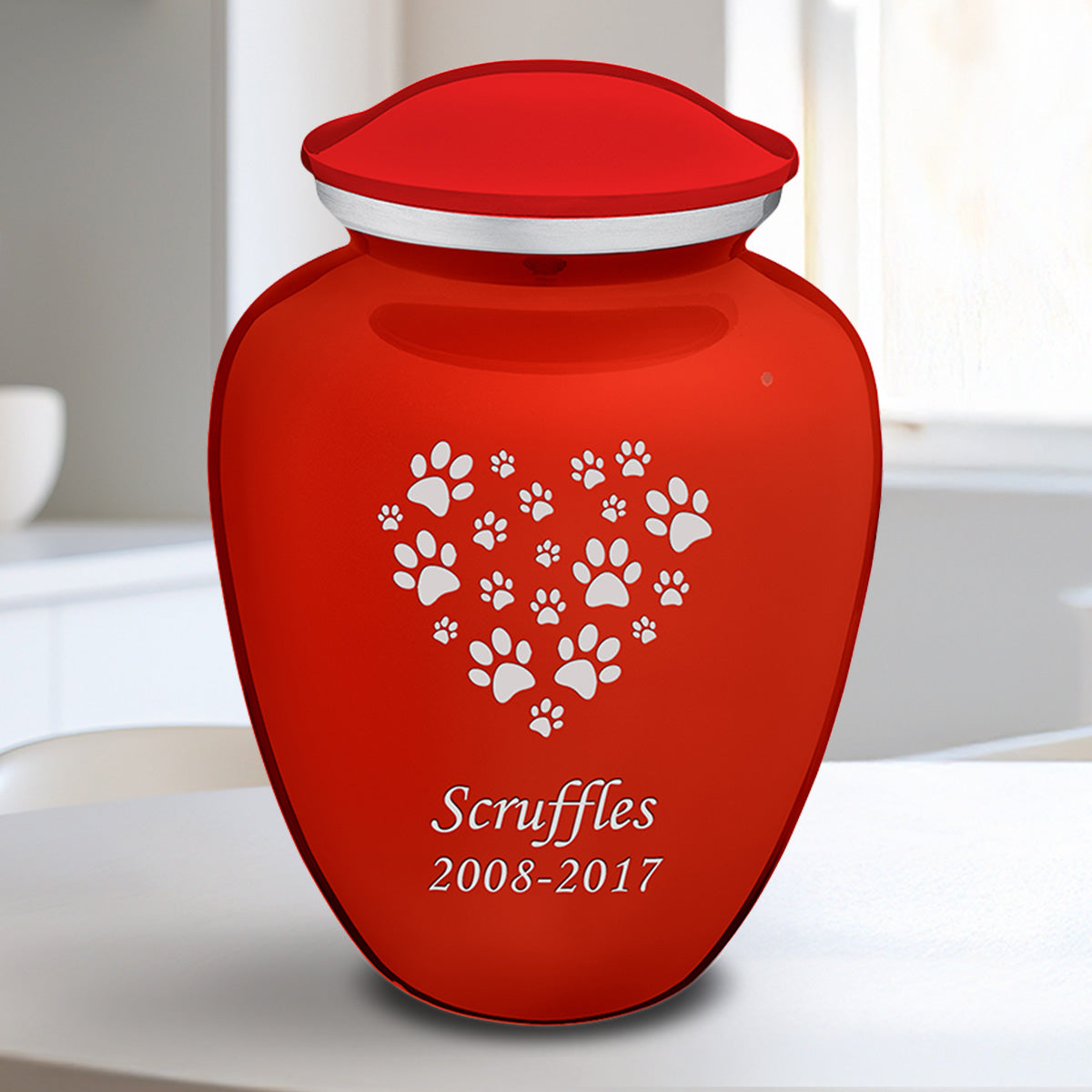 Medium Embrace Bright Red Heart Paws Pet Cremation Urn