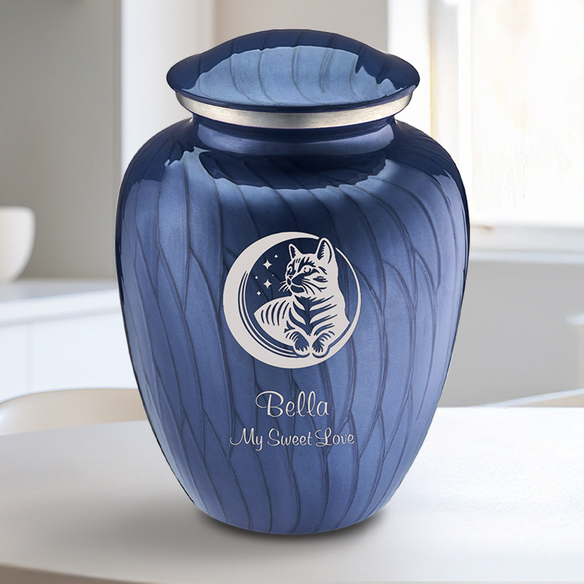 Medium Embrace Pearl Cobalt Blue Pet Cute Cat Cremation Urn