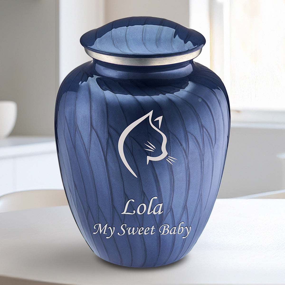 Medium Embrace Pearl Cobalt Blue Cat Pet Cremation Urn