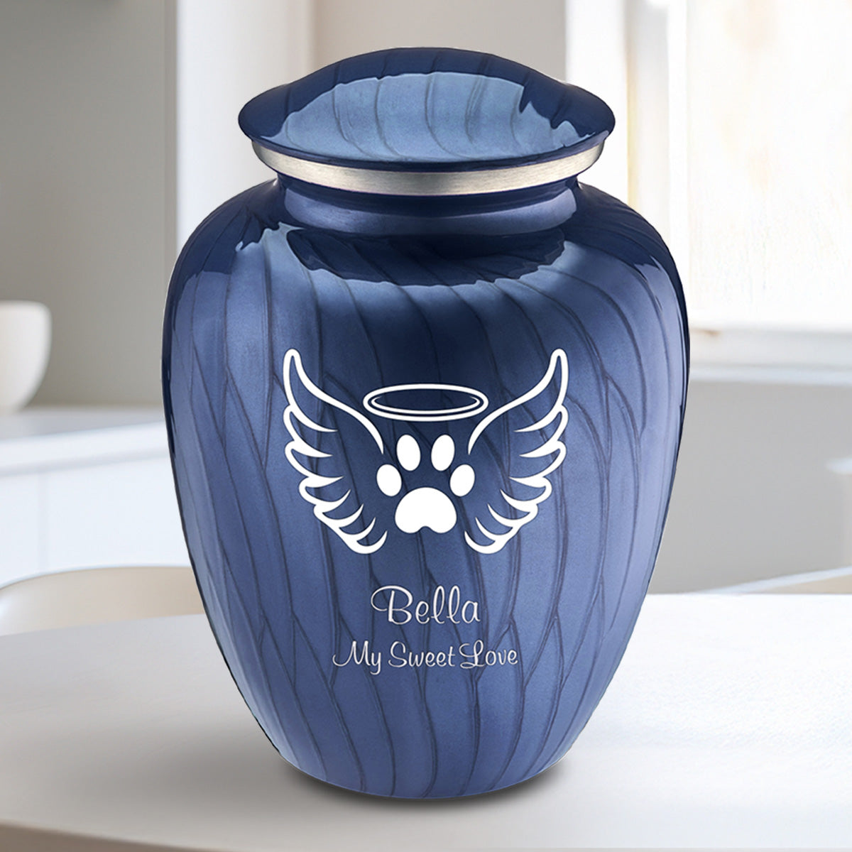 Medium Embrace Pearl Cobalt Blue Pet Angel Wings Cremation Urn