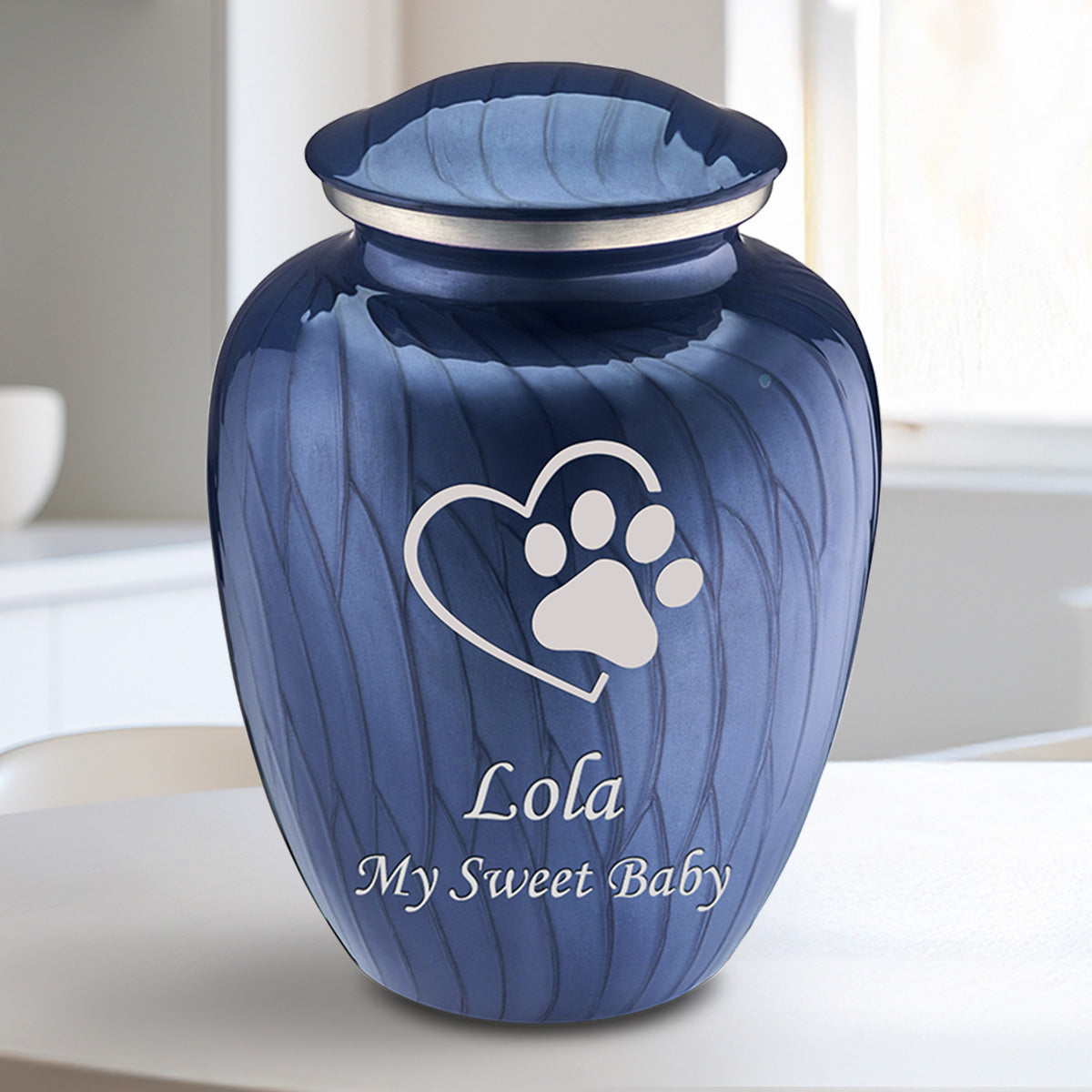 Medium Embrace Pearl Cobalt Blue Single Paw Heart Pet Cremation Urn