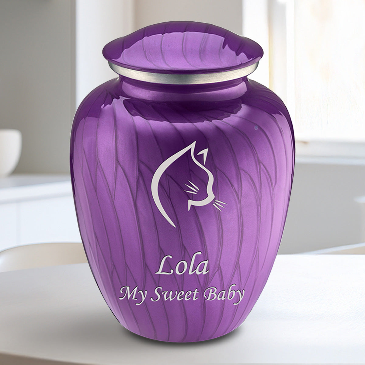 Medium Embrace Pearl Purple Cat Pet Cremation Urn